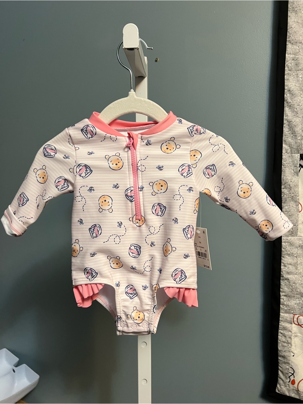 Disney Baby Winnie the Pooh Pink Long-Sleeve One-Piece Swimsuit with Ruffle NWT